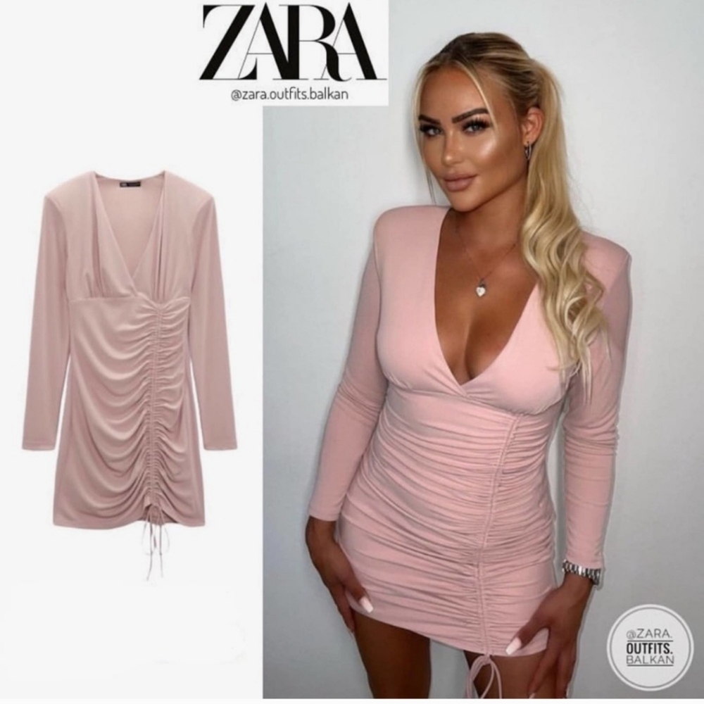 ZARA pale pink long-sleeved draped body con mini dress size L